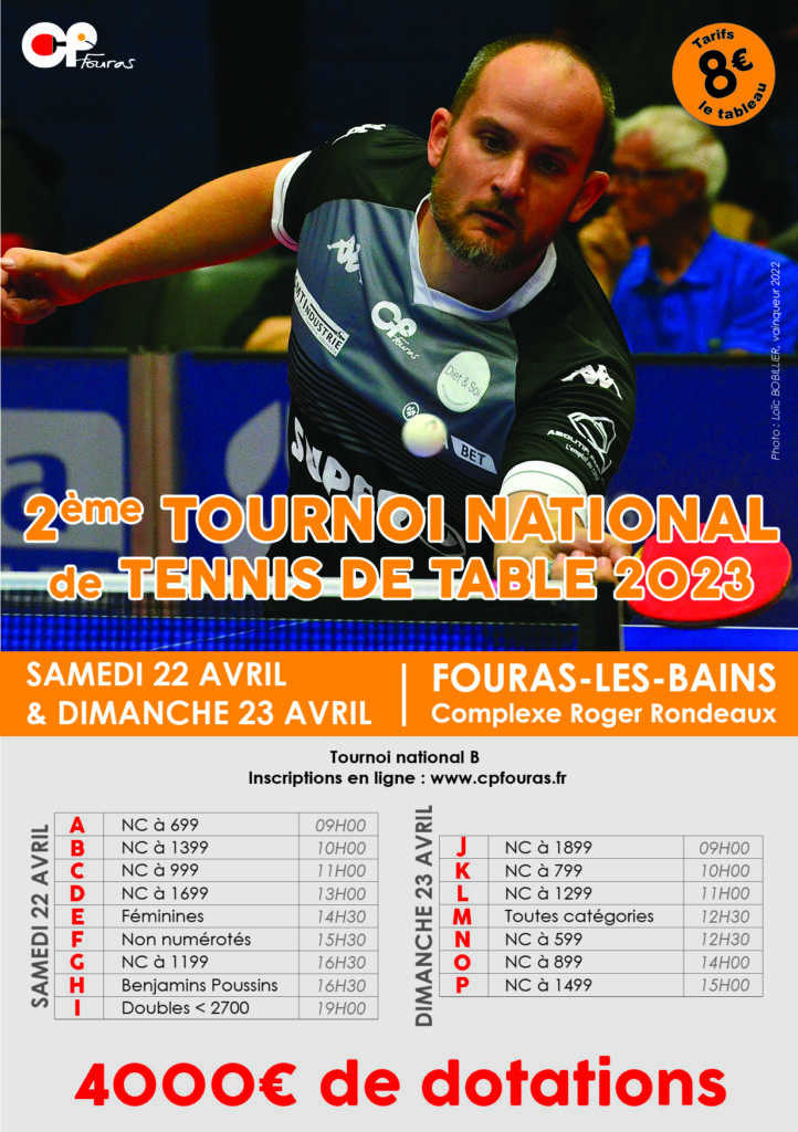 2ème Tournoi national de tennis de table Club Pongiste Fourasin. Ouverture des inscriptions le 15 Mars 2023.